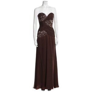 Jovani New York Strapless Beaded Ruched Chiffon Evening Gown 16 Chocolate Brown